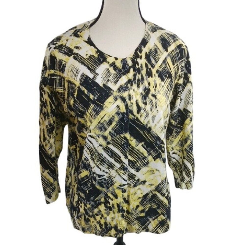 Christopher & Banks Cardigan Sweater Size S Button Front Yellow Black Abstract